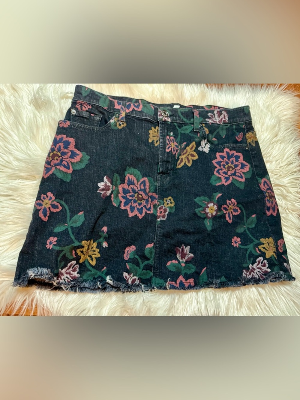 7 For All Mankind Black Floral Denim Mini Skirt